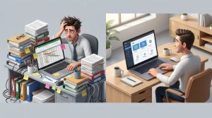 Business owner analyzing data against automation graphs