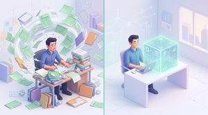 A person trying to figure out a huge number of complex Excel spreadsheets on a monitor