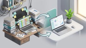 Розгублений власник бізнесу серед паперових звітів та таблиць Excel