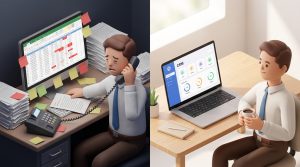 Business owner analyzing efficiency charts after implementing automation