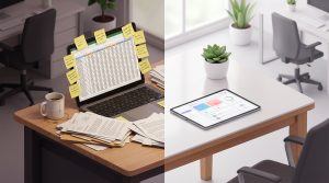 Business owner analyzing growth charts and automation