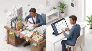 Business owner analyzing profit growth charts after automation