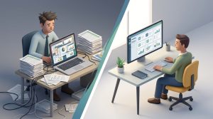 Business manager analyzing automation efficiency charts compared to personnel costs.