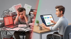 Businessman analyzing company growth charts against a background of chaotic processes